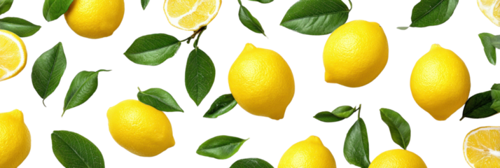 Zesty Citrus Delight: A vibrant arrangement of fresh, juicy lemons and lush green leaves creates a refreshing visual symphony of natural goodness and culinary inspiration.