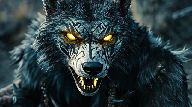 Mythical skinwalker wolf with glowing eyes and tribal markings
