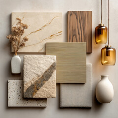 material board collection of tactile and elegant materials for the interior of a luxury spa, including creamy marble with subtle golden veining, crudo-toned textured wall finishes, natural oak wood 