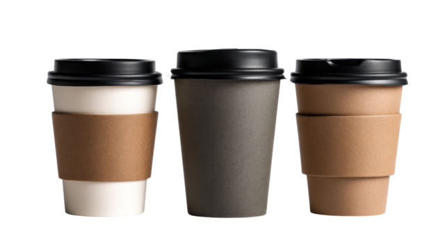 Trio of Coffee Cups: Three elegantly designed coffee cups sit side by side, offering a glimpse into a modern cafe scene, the perfect embodiment of a moment of refreshment.
