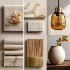 material board collection of tactile and elegant materials for the interior of a luxury spa, including creamy marble with subtle golden veining, crudo-toned textured wall finishes, natural oak wood 