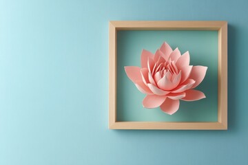 Pink lotus flower in a light wooden frame against a pastel blue background.