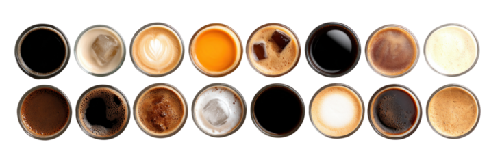 Coffee Varieties: An overhead shot presents a striking array of coffee variations, each cup showcasing a unique blend of colors and textures.