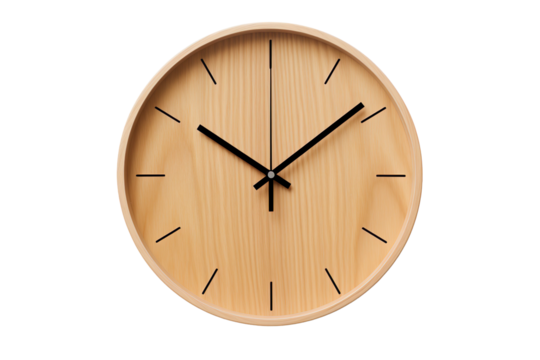Minimalist Wooden Wall Clock with Black Hands on a transparent background