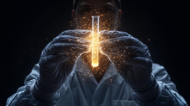 Scientific breakthrough in a laboratory research facility digital art dark environment close-up view innovation and discovery