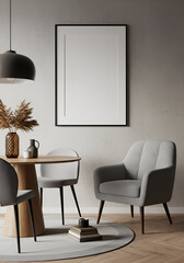 Modern dining area with neutral tones showcasing a blank framed canvas. Empty room with a round wooden table and gray upholstered chairs, a stylish accent chair and a decorative floor rug.