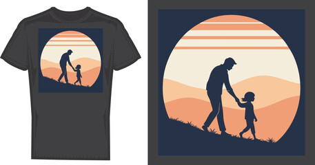 Father and Child Silhouette Design: A heartwarming design featuring a father and child silhouette walking together, perfect for apparel, representing a bond of love and guidance.