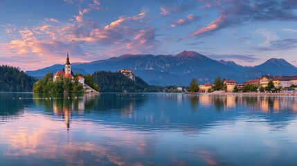 Fototapeta premium Serene Reflections of Lake Bled at Sunset with Castle, Church and Mountains in Slovenia, Pink and Blue Sky, Calm Waters, Peaceful Landscape