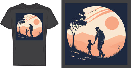 Father and Child Silhouette T-Shirt Design: A heartwarming design featuring a silhouette of a father and child holding hands and walking along a scenic path, set against a serene landscape.