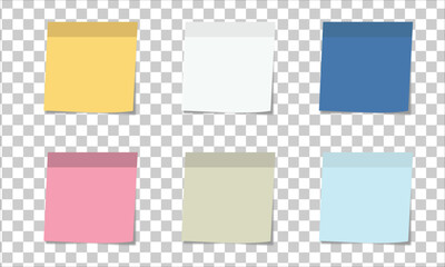 Multicolor post it notes isolated on transparent background. Colored sticky note set. Vector realistic illustration. Sticky note collection with curled corners and shadows.