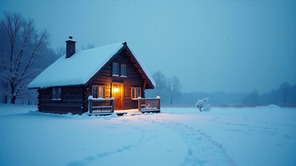 Cozy wooden cabin emitting warm light on a snowy winter night surrounded by a snow-laden landscape