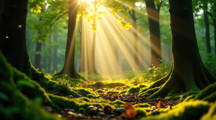 Sunlight Filtering Through Forest Canopy at Sunrise