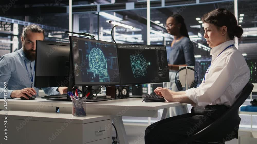 Poster data center developer thinking how to improve ai supercomputers, pleased with result. cheerful serve