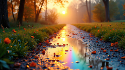 Tranquil sunrise scene with a pathway reflecting vibrant autumn flowers and lush green grass