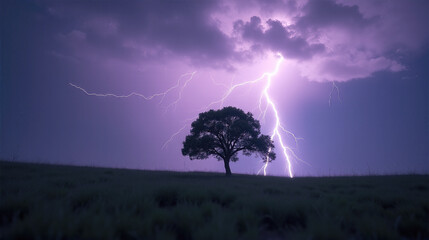 Striking Lightning Over Tree at Nighttime Thunderstorm