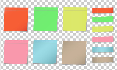 Multicolor post it notes isolated on transparent background. Colored sticky note set. Vector realistic illustration. Sticky note collection with curled corners and shadows.