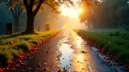 Serene Morning Path with Sunlight and Rainbow Reflection