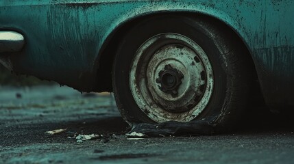 Close-up of a flat tire on a car parked on the roadside, with visible damage and worn-out rubber