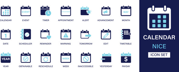 Calendar icon set collection. Event, timer, appointment, alert, advancement, month, date, scheduler, reminder, warning, tomorrow and best solid icon set.
