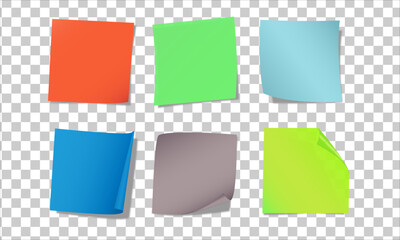 Fototapeta premium Multicolor post it notes isolated on transparent background. Colored sticky note set. Vector realistic illustration. Sticky note collection with curled corners and shadows.