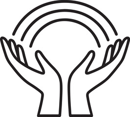 Outlined silhouette of hands under a rainbow arc, symbolizing hope, diversity, unity, protection, support, and positive energy.