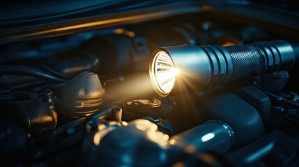 Close-up of a powerful LED flashlight shining light into a dark car engine compartment