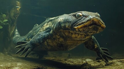Fototapeta premium Close up of a hellbender salamander swimming underwater in a dark environment with sandy bottom view