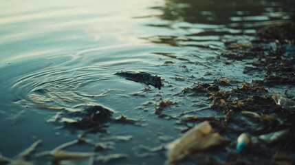 Obraz premium Close-up of dirty lake water with microplastics and chemical stains visible on the surface