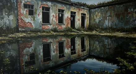 Dilapidated Building Reflected: A hauntingly beautiful reflection of a decayed building in a tranquil pond. the scene evokes a sense of history, ruin, and the passage of time.