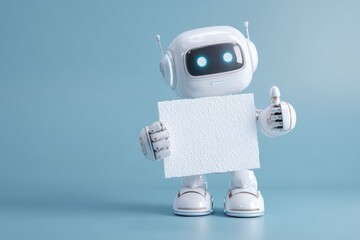 White fluffy robot with a blank mockup, thumbs-up pose, light blue background with soft studio lighting.