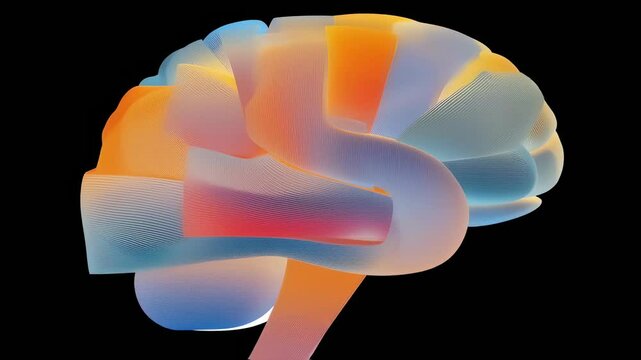 An abstract representation of a brain with sections glowing in vibrant colors illustrating the process of condensing layers of thought and insight into a streamlined manageable form.