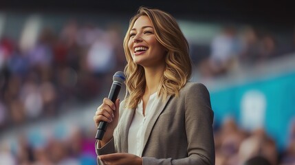 Motivational Woman Speaker on Stage Celebrating Diversity, Success, Leadership, and STEM
