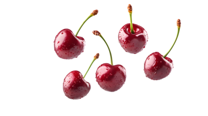 Fresh Red Cherries Floating in Air Isolated on Transparent Background