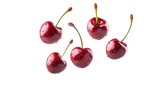 Fresh Red Cherries Floating in Air Isolated on Transparent Background
