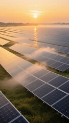 Ultra high-resolution realistic photo of solar energy field at dawn with glowing sunlight and mist over grass for sustainable themes