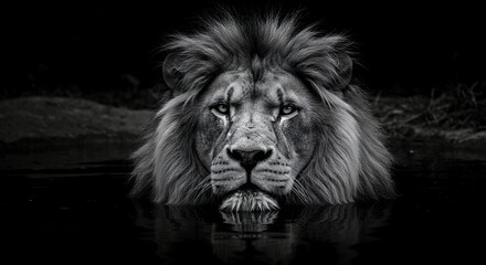 Monochrome Majesty: Portrait of a Lion Emerging from Dark Waters with Intensity