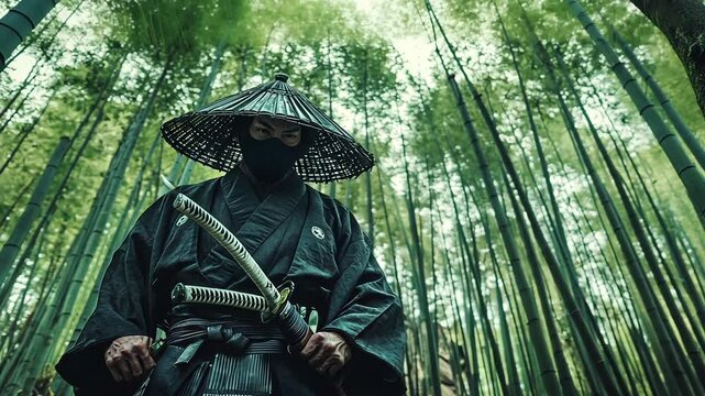A skilled ninja in traditional attire stands poised with a katana in a serene bamboo forest