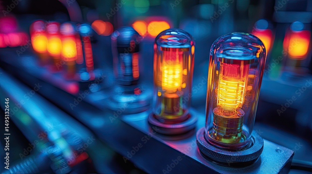 Poster a close up view of glowing vacuum tubes in a row with a blue and red color scheme in the background