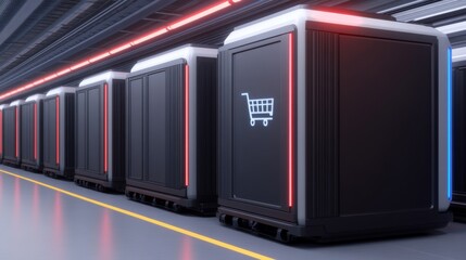 Automated warehouse operations futuristic facility digital infrastructure high-tech environment side view e-commerce logistics