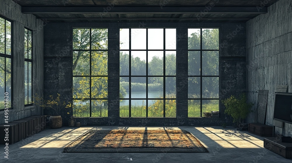 Aufkleber interior view with large windows overlooking a lake surrounded by trees in a rustic setting
