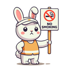 Cartoon Rabbit Holding No Smoking Sign in Flat Illustration