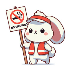 Cartoon Rabbit Holding No Smoking Sign Illustration on White Background