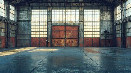 Interior view of an empty warehouse with large windows and a rusty metal door in the background