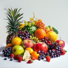 Abundant display of assorted fresh fruits including pineapple, grapes, apples, strawberries, watermelon, oranges, lemons, pears and blueberries isolated on white background