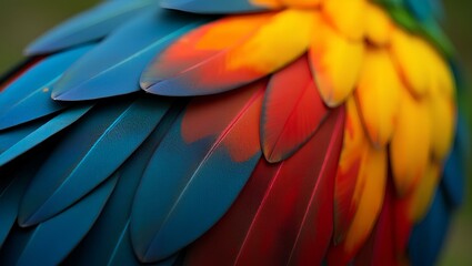 Obraz premium Colorful blue, red, and yellow macaws with bright floral blooms in a vibrant garden