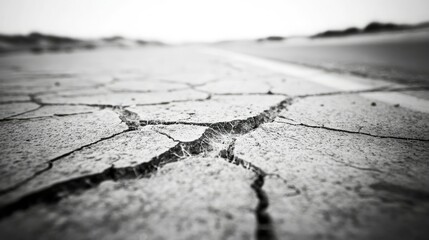 Obraz premium Detail of spiderweb-like cracks spreading across the asphalt, emphasizing surface aging