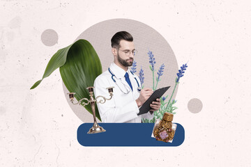 3D photo collage trend of healthcare consultation hospital practitioner doctor young man write...