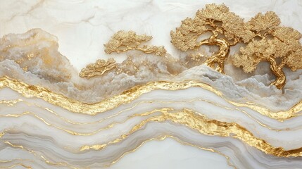 Detailed, elegant design of a golden tree on marble.
