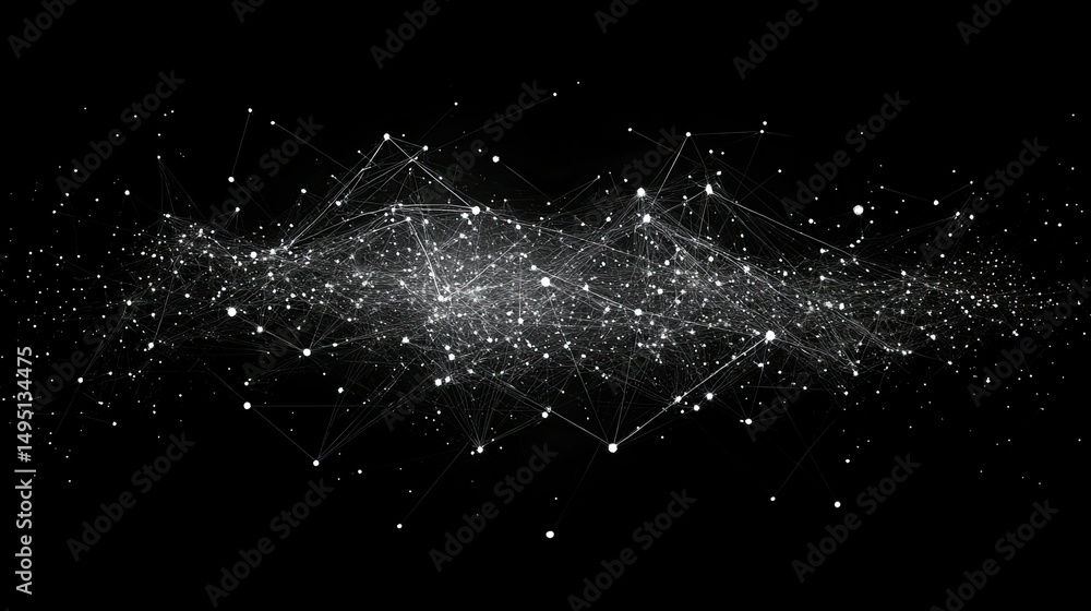 Aufkleber a network of interconnected white dots and lines against a dark black background in a digital render