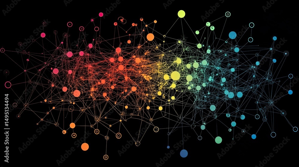 Poster abstract network of colorful circles and lines on a black background with varying sizes and connecti
